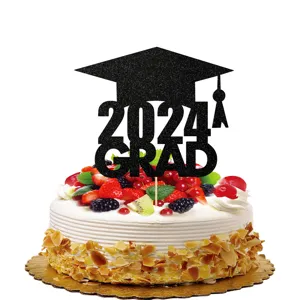 2024 Graduation Cake Topper Black Glitter Grad Cap Cupcake Picks Party Decorations