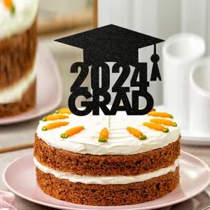 Black glitter 2024 grad cake topper detail view, perfect graduation party decoration dessert.