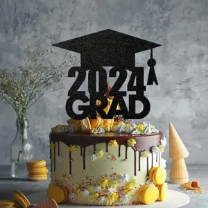 2024 graduation cake topper glitter black grad cap cupcake decoration party dessert