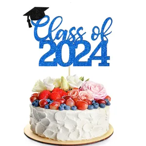 Blue glitter Class of 2024 graduation cake topper, perfect for graduation party celebration decor.