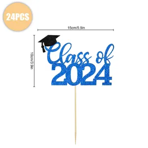 Glitter blue Class of 2024 graduation cake topper party cupcake decoration 24 pieces