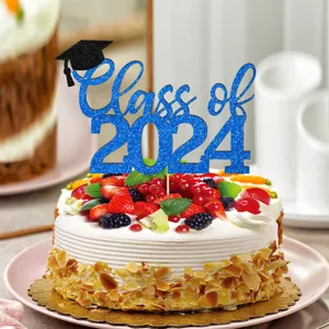 Blue glitter 2024 graduation cake topper detail shot, perfect for party celebration scene.
