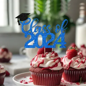 Blue glitter Class of 2024 graduation cake topper, perfect for party and celebration decor.