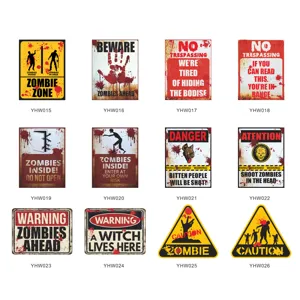 Halloween zombie warning metal tin sign horror wall sticker vintage home decor poster