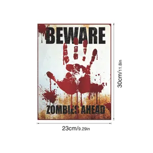 Halloween zombie bloody handprint sign detail view, spooky wall decor sticker display.