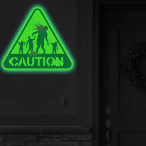 Halloween glowing zombie warning wall sticker fluorescent caution sign for holiday decoration.