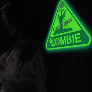 Halloween luminous zombie warning wall sticker, glowing green neon sign for holiday party decor.