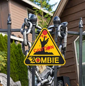Halloween luminous zombie warning wall sticker, scary caution sign poster for window decor.