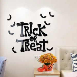 Halloween acrylic mirror wall sticker with TRICK OR TREAT letters and bats for festival decor.