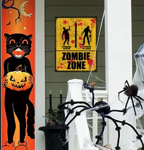 Detail view of Halloween zombie warning sign poster wall sticker with spooky design for decor.