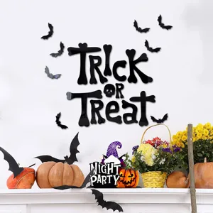 Halloween acrylic mirror wall sticker set with spooky bat and trick or treat letters decor.