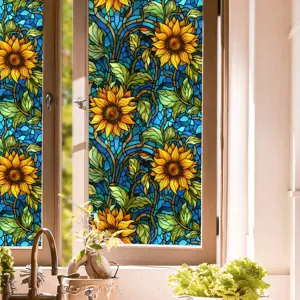 Film pour fenetre tournesol vitrail statique adhesif amovible autocollant decoratif porte