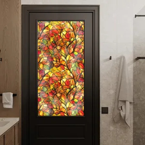 Film Fenêtre Vitrail Style Tiffany Feuilles d'Automne Autocollant Décoratif pour Porte Maison
