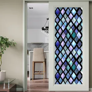 Detail view of 3D embossed diamond static window film, geometric glass sticker for home decor.