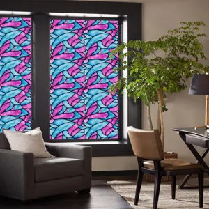 Detail view of colorful retro stained glass window film, abstract pink blue static vinyl sticker.