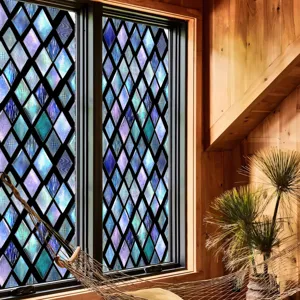 Detailed interior shot of the 3d stained glass window film, showing diamond design patterns.
