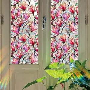 Decorative stained glass window film with pink magnolia flower design, static cling PVC privacy film.