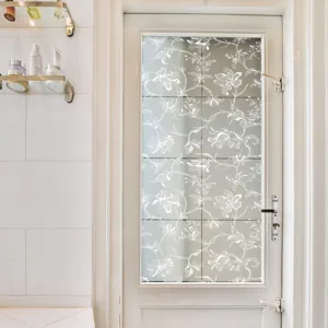 Detailed view of white lace window film scene, elegant static cling glass sticker decoration.
