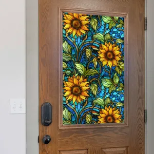 Film de fenêtre vitrail tournesol statique décoratif autocollant pour porte en verre.