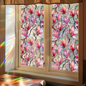 Colorful magnolia static window film, decorative privacy glass sticker for home and office.