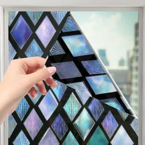 3d stained glass window film decorative privacy static cling blue diamond pattern detail view
