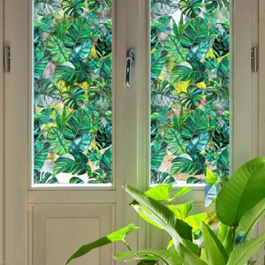 Film pour fenêtre décoratif motif feuillage tropical vert, autocollant verre statique.