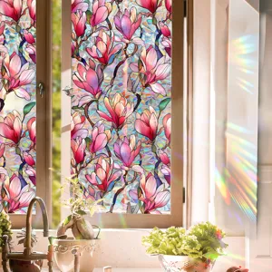 Static cling window film with colorful magnolia flower design for home privacy and glass decor.