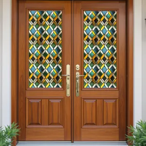 Retro geometrisch glas-in-lood raamfolie, statische PVC raamsticker voor huisdecoratie.