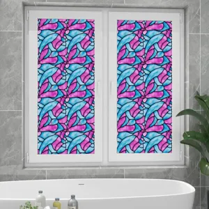 Bathroom window glass film scene detail showing colorful retro pattern privacy film decoration.