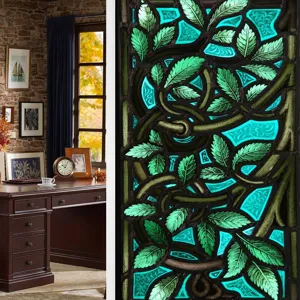 Stained glass window film detail showing vintage green leaves and vines pattern for home decor.