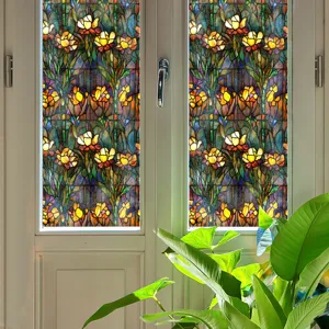 Film pour vitre style Tiffany vitrail autocollant décoratif occultant avec motif floral.
