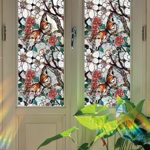 Decorative stained glass window film with floral and butterfly pattern, static cling PVC film.