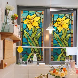 Film pour fenetre vitrail motif jonquille adherence statique sans colle deco maison pro