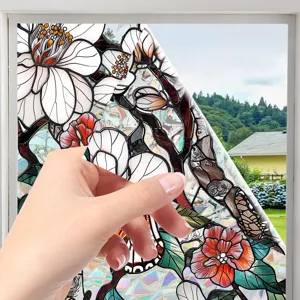 Decorative stained glass window film, floral anti-collision static glass sticker.