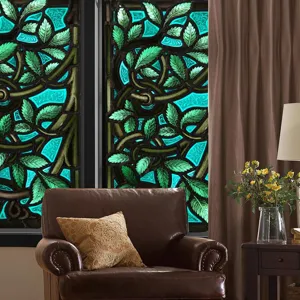Decorative stained glass window film featuring a retro green leaf vine pattern for home privacy.