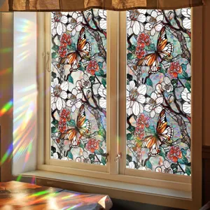 Decorative static window film with colorful butterfly and flower pattern for glass privacy.
