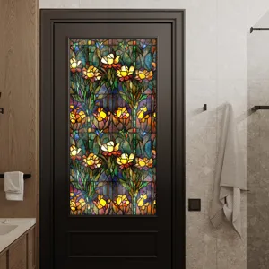 Film pour fenêtre en vitrail avec motif floral, autocollant décoratif d'intimité.