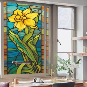 Film pour vitre en verre teinté avec motif de fleur jaune, autocollant décoratif statique pour maison.