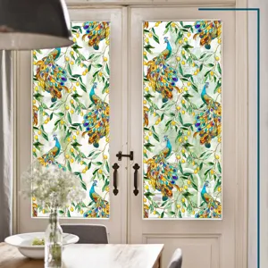 Film pour fenêtre en vitrail paon décoratif, autocollant en verre statique pour maison.