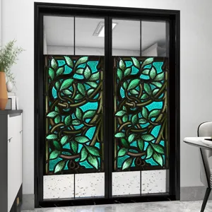 Retro stained glass window film with green leaves pattern, static cling PVC window sticker.