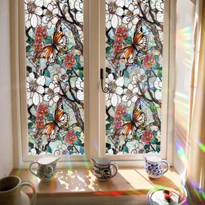 Decorative Stained Glass Window Film Static Cling Butterfly Flower Anti-Collision PVC Decal