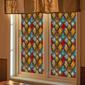 Retro glas-in-lood raamfolie, kleurrijk ruitpatroon statische privacy glassticker.