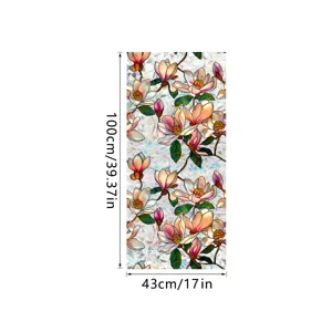Static cling window film with colorful magnolia flower stained glass design, 43x100cm.