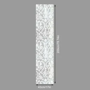 Detailed view of white lace window privacy film, static cling glass sticker decor.