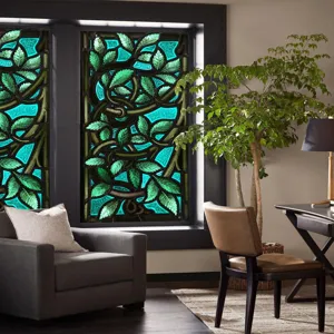 Decorative green leaf stained glass window film for home privacy and retro room decor beauty.
