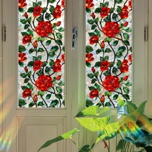 Decorative stained glass window film static cling rose floral design for home glass privacy.