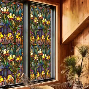 Film pour vitre style Tiffany en verre teinte motif floral decoratif pour intimite maison.