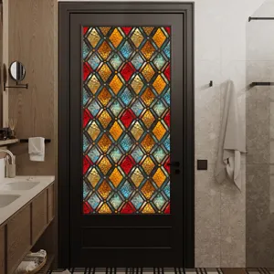 Retro raster raamfolie, PVC gebrandschilderd glas sticker voor huisdecoratie, statisch.