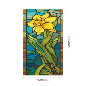 Detail du film pour vitre en verre teinté presentant un motif floral jaune et ses dimensions.