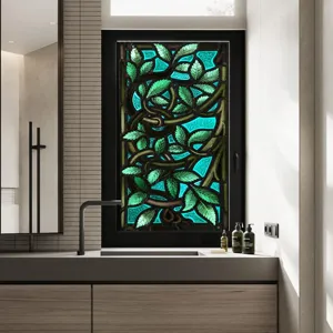 Decorative stained glass window film static cling privacy green leaves pattern sticker